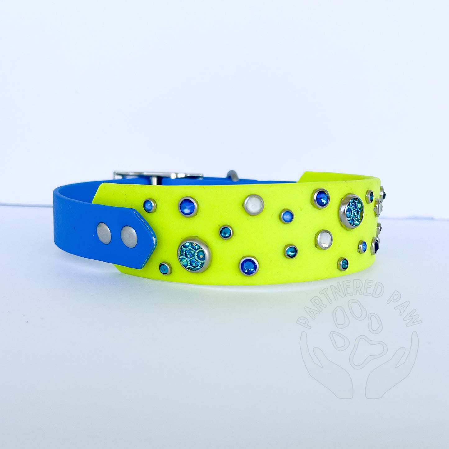 13.5”-16.5” Neon Yellow/Med. Blue Biothane Collar Ready to Ship