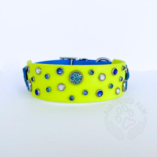 13.5”-16.5”  Neon Yellow/Med. Blue Biothane Collar Ready to Ship
